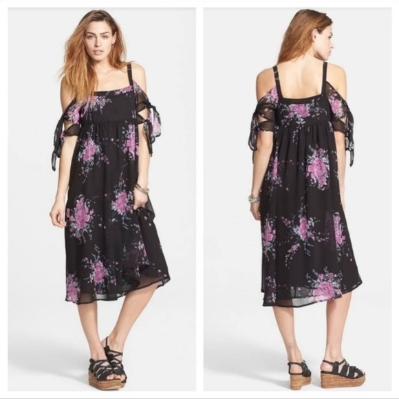NEW FREE PEOPLE x Revolve Black Floral Cold Shoulder Midi Dress Small - Picture 1 of 11